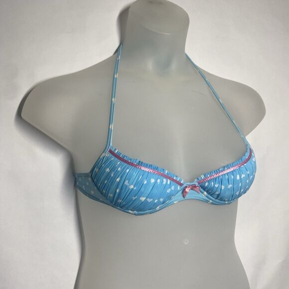 Agua Doce Bikini Brazilian 2-pc Women S Blue White Hearts Pink Bow Pleats Cheeky - Picture 4 of 12